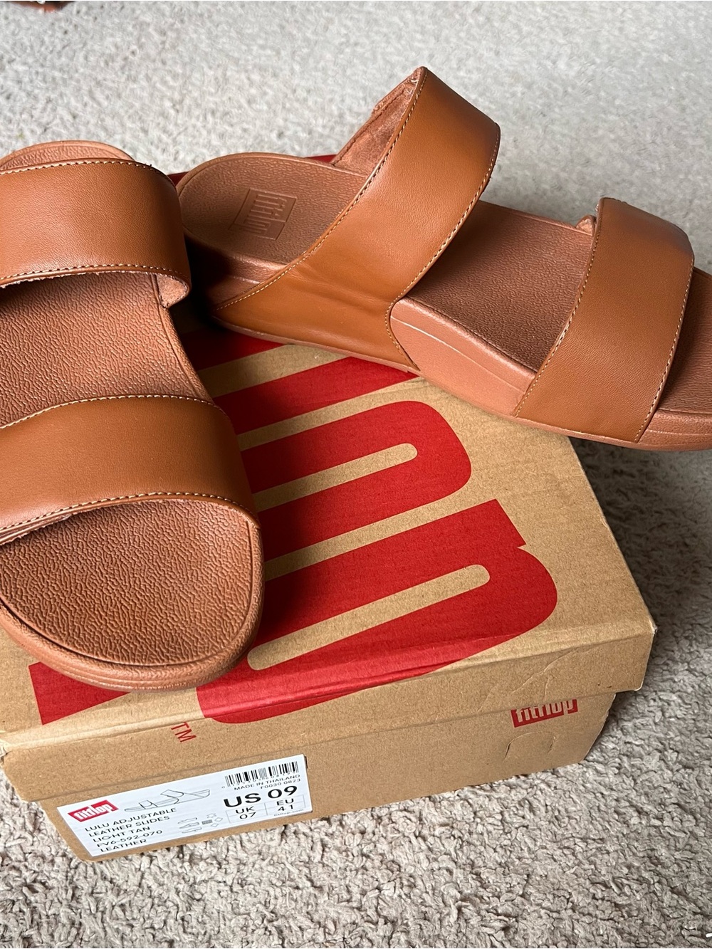Fitflop Lulu Adjustable Light Tan Leather Slide Sandals Size 9